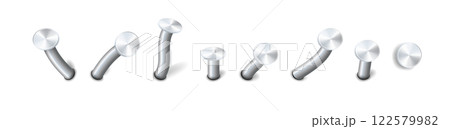 Nails hammered into wall steel straight and bent metal hardware spikes. Hobnails with grey caps top view isolated on transparent background. Vector Nails hammered into wall steel straight and bent metal hardware spikes. Hobnails with grey caps top view isolated on transparent background. Vector 122579982