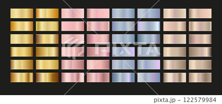 Gold rose, silver, holographic, bronze and golden foil texture gradation set. Vector shiny hologram and metallic gradient collection Gold rose, silver, holographic, bronze and golden foil texture gradation set. Vector shiny hologram and metallic gradient collection 122579984