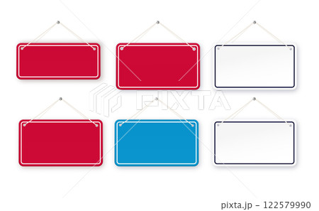 Red and blue shop door signs hanging isolated . Empty or blank sign for store, restaurant or cafe. Vector illustration 122579990