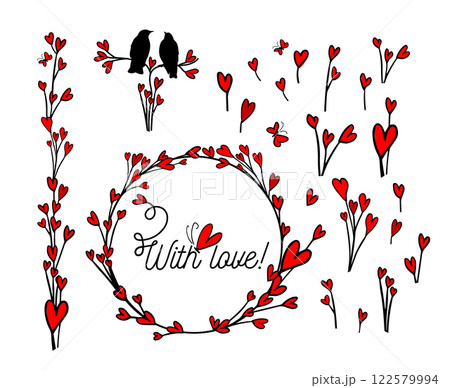Two birds with hearts. With love Set of elements with hearts. Happy Valentine s Day card. hand drawn. Not AI, Vector illustration. Two birds with hearts. With love Set of elements with hearts. Happy Valentine s Day card. hand drawn. Not AI, Vector illustration. 122579994