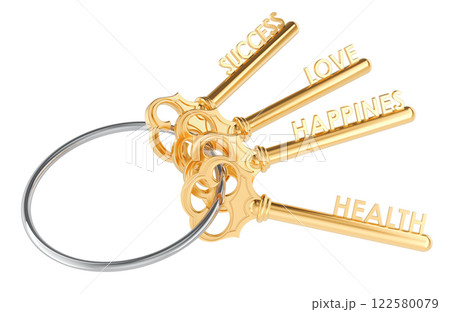 Golden keys with words love, health, success, happiness. Bunch of golden keys. 3D rendering 122580079