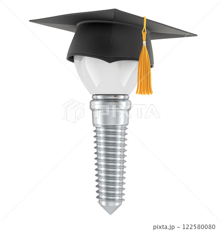 Implant surgeon education, concept. Dental Implant with graduation cap, 3D rendering 122580080