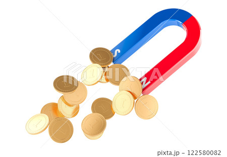 Magnet attracting golden coins, business concept. 3D rendering Magnet attracting golden coins, business concept. 3D rendering 122580082