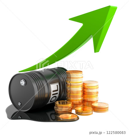 Oil barrel with growth green arrow and golden coins, 3D rendering 122580083