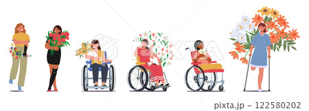 Young smiling woman characters with special needs in wheelchair, with bionic limbs holding flowers Young smiling woman characters with special needs in wheelchair, with bionic limbs holding flowers 122580202