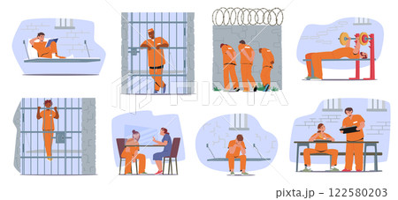 Diverse prisoners cartoon characters wearing orange jumpsuit engaged in various activity set Diverse prisoners cartoon characters wearing orange jumpsuit engaged in various activity set 122580203