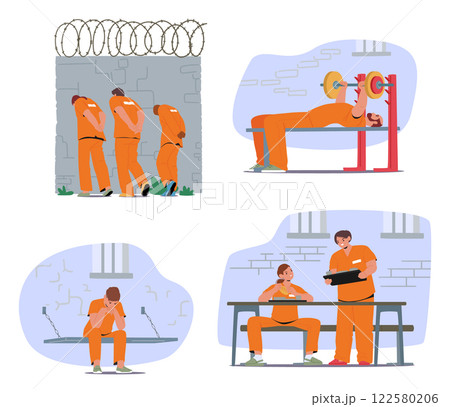 Daily schedule routine in jail, prisoner behavior and emotions cartoon scene vector illustration Daily schedule routine in jail, prisoner behavior and emotions cartoon scene vector illustration 122580206