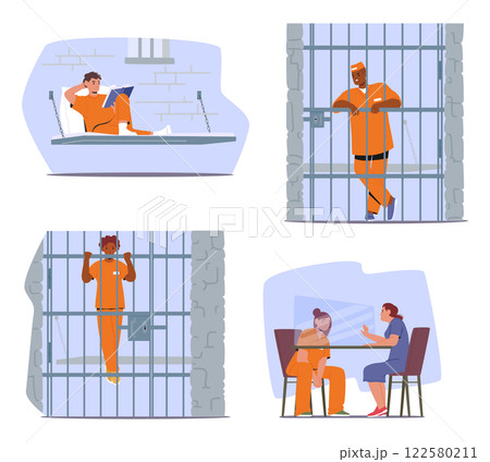 Prisoner lifestyle and occupation during punishment imprisonment cartoon scene vector illustration 122580211