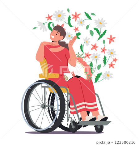 Happy woman cartoon character with special needs sitting in wheelchair enjoying life beauty 122580216