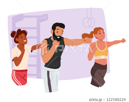 Women cartoon characters learning self-defense technique with trainer instructor at sport class 122580224