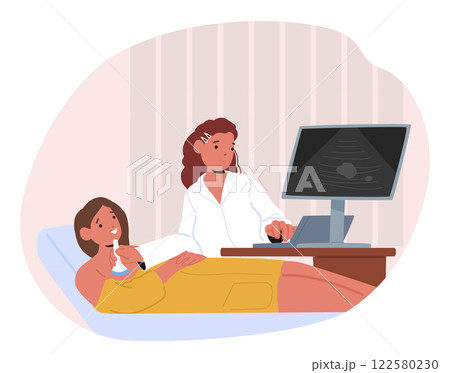 Woman doctor providing breast cancer ultrasound screening in medical clinic vector illustration 122580230