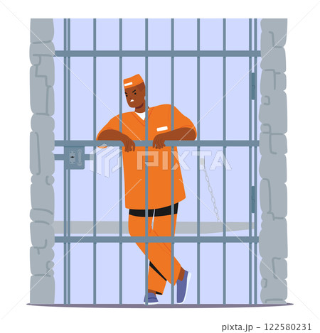 Angry furious man prisoner outlaw cartoon character wearing orange jumpsuit uniform in jail 122580231