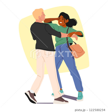 Furious young woman cartoon character attacking robber bandit on street vector illustration 122580234