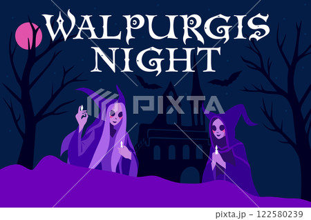 Walpurgis night. Witches' Sabbath. Festive vector poster with gothic lettering Walpurgis night. Witches' Sabbath. Festive vector poster with gothic lettering 122580239