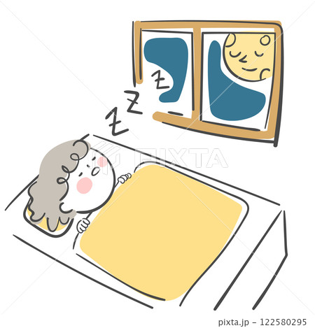 Character illustration of a child sleeping with a moonlit window. Character illustration of a child sleeping with a moonlit window. 122580295