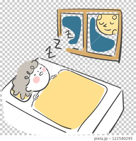 Character illustration of a child sleeping with a moonlit window. Character illustration of a child sleeping with a moonlit window. 122580295