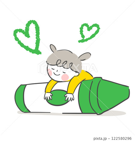Character illustration of a child lying on a green crayon. 122580296