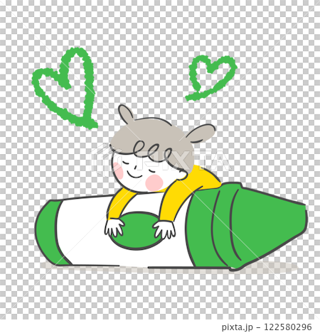 Character illustration of a child lying on a green crayon. 122580296