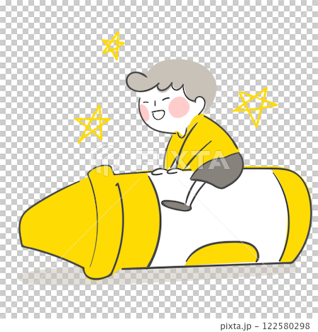 Character illustration of a child sitting on a yellow crayon. 122580298