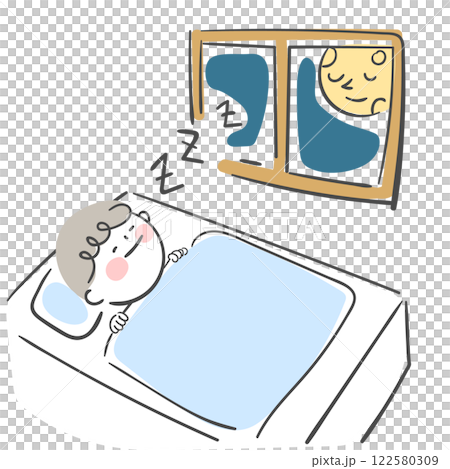 Character illustration of a child sleeping with a moonlit window. Character illustration of a child sleeping with a moonlit window. 122580309