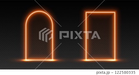 Neon door and arch, orange glowing portal, futuristic gate, magic LED frame. 122580335