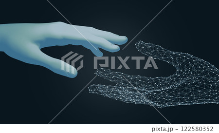 A symbolic image depicting a human hand and an AI-powered network hand reaching out to connect, showcasing the union of humanity and advanced technology in a futuristic digital world. 3d rendering A symbolic image depicting a human hand and an AI-powered network hand reaching out to connect, showcasing the union of humanity and advanced technology in a futuristic digital world. 3d rendering 122580352