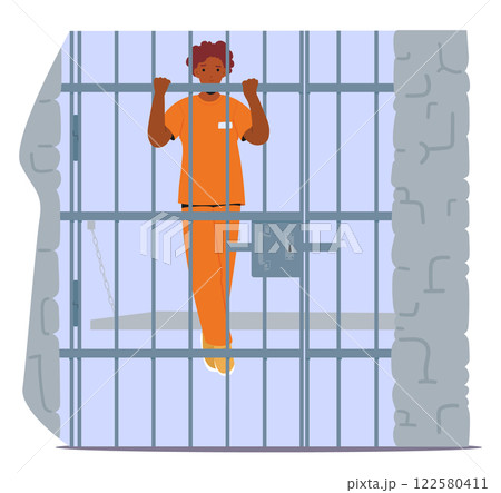 Lonely worried woman prisoner cartoon character wearing orange jumpsuit uniform behind bars 122580411