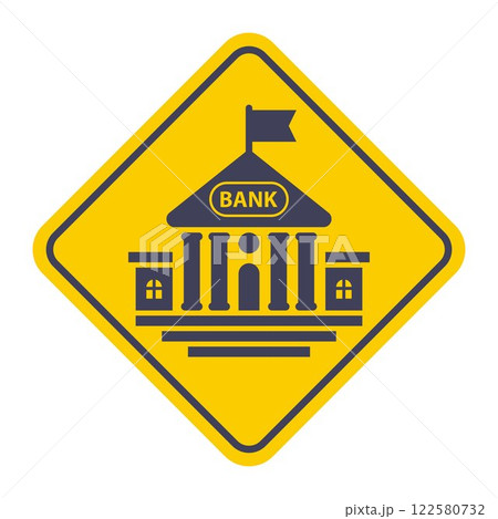 icon building bank on yellow sign. 122580732