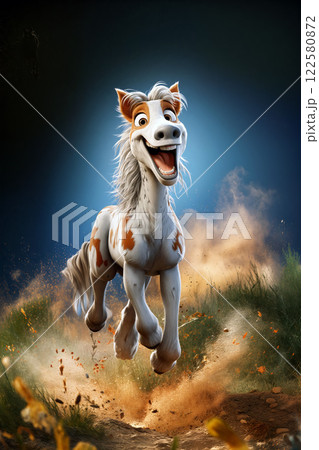 Happy animated horse running through a grassy field with dust rising during a bright daytime 122580872
