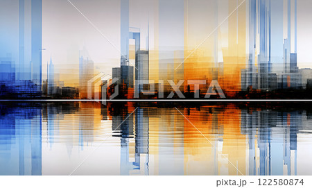 Colorful urban skyline reflection during sunset with abstract patterns on water surface 122580874