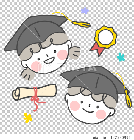 Graduation illustration with a character face in a bachelor's hat. 122580996