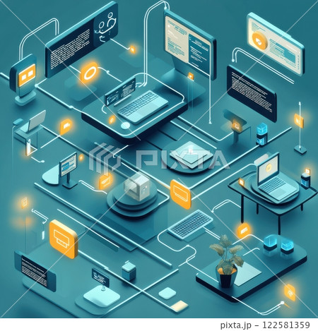 Digital workspace transformation modern tech integration for remote teams virtual environment infographic viewpoint Digital workspace transformation modern tech integration for remote teams virtual environment infographic viewpoint 122581359
