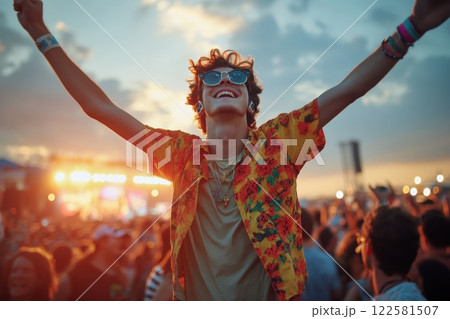 Youthful celebration at music festival beach location vibrant atmosphere sunset backdrop joyful energy 122581507