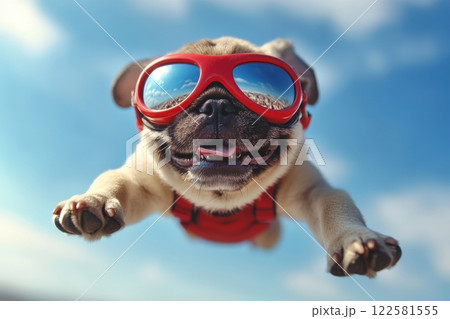 Pug in sunglasses flying through the sky outdoor adventure animal photography playful environment upbeat perspective Pug in sunglasses flying through the sky outdoor adventure animal photography playful environment upbeat perspective 122581555