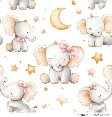 Playful baby elephants under the stars nursery decor whimsical environment cute illustration child's room concept Playful baby elephants under the stars nursery decor whimsical environment cute illustration child's room concept 122581656