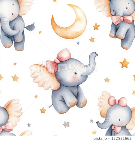 Playful baby elephants with wings dreamy night sky illustration whimsical childlike charm 122581662