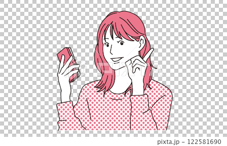 一名女子手持智慧型手機並指著的插圖 122581690