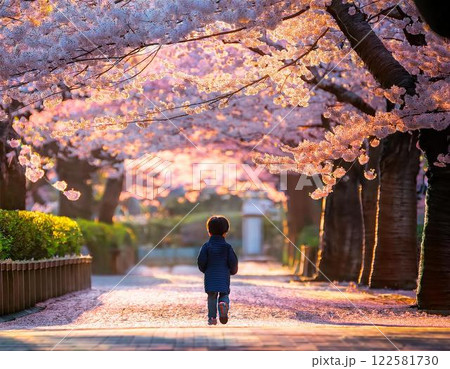 桜並木を歩く子供の後ろ姿 122581730