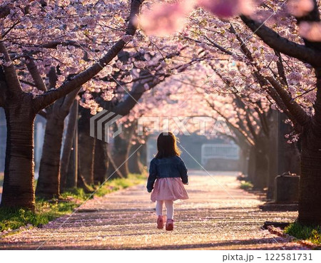 桜並木を歩く子供の後ろ姿 122581731