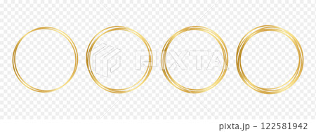 Set of circle golden frames. Shiny luxury round borders isolated on transparent background. Empty decorative frameworks, design elements for greeting or wedding cards. Vector realistic illustration 122581942