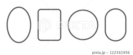 Set of oval, rectangle and round rope frames. Shapes with cord, thread or cable texture isolated on white background. Vignettes for picture or photo in nautical style. Vector flat illustration Set of oval, rectangle and round rope frames. Shapes with cord, thread or cable texture isolated on white background. Vignettes for picture or photo in nautical style. Vector flat illustration 122581956