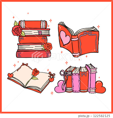 Retro Valentine Bookish Groovy Bold Vibrant Book Whimsical Hand Drawn set 122582125