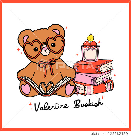 Retro Valentine Bookish Teddy Bear Reading Book Whimsical Bold Hand Drawn 122582129
