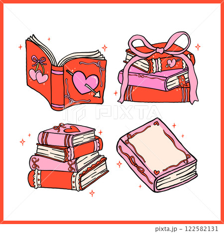 Retro Valentine Bookish Vibrant Book Whimsical  Bold Hand Drawn set 122582131