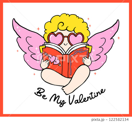 Whimsical Retro Valentine Bookish Cupid Reading Books Bold Lined Hand Drawn 122582134
