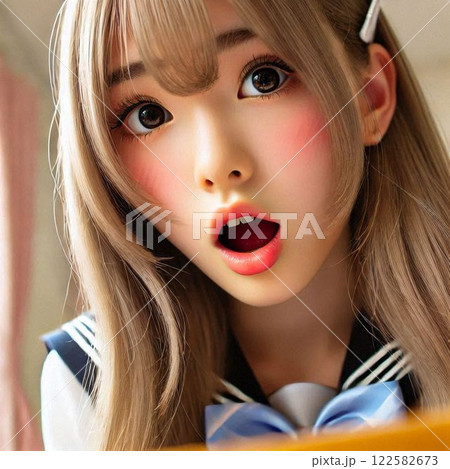 驚いて口を開けている金髪の女子高生 驚いて口を開けている金髪の女子高生 122582673