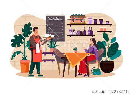 Young Handsome Waiter Servicing Girl Customer in Cafe Young Handsome Waiter Servicing Girl Customer in Cafe 122582733