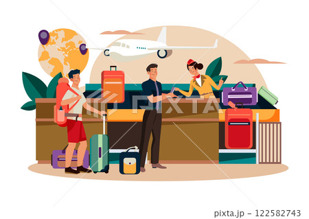 The flight attendant guides the passenger to check in at the counter The flight attendant guides the passenger to check in at the counter 122582743