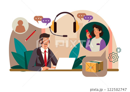 Businessman Wearing Headset Talking to a caller in Customer Services Center Businessman Wearing Headset Talking to a caller in Customer Services Center 122582747