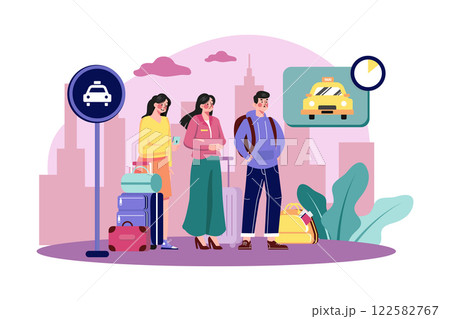 A Group Of Tourists With Their Luggage Waiting For A Taxi 122582767